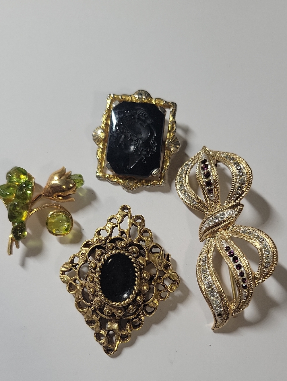 Gold-Tone Black Onyx Cameo & Filigree Brooch Collection